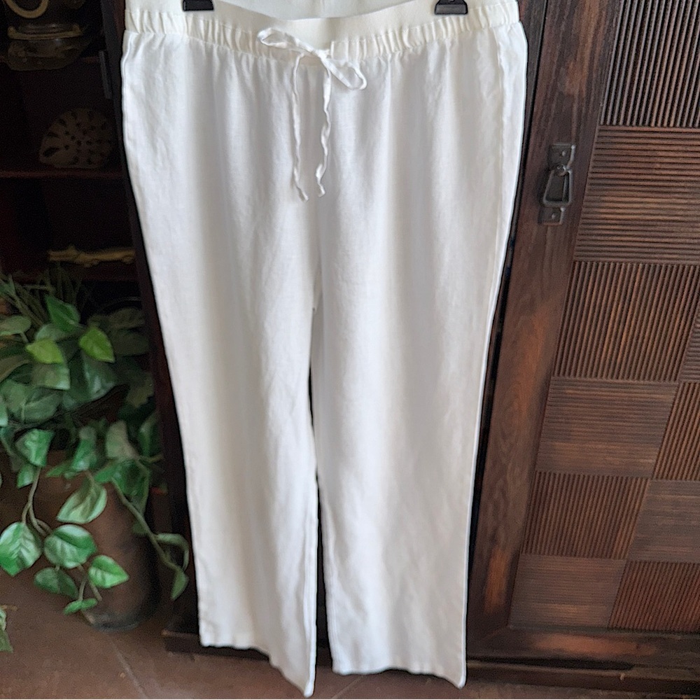 Ellen Tracy New White Linen Pants Drawstring Wide Leg Timeless Classic Medium - Picture 3 of 14